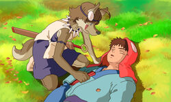  5:3 anthro ashitaka brown_body brown_fur brown_hair canid canine canis closed_eyes clothed clothing countershading crossover day duo fully_clothed fur ghibli grass hair human kneeling looking_at_another looking_down lying mammal melee_weapon mononoke_hime morenatsu on_back outside plant san_(princess_mononoke) scabbard sheathed_weapon shirako short_hair shun_(morenatsu) sword weapon wolf 