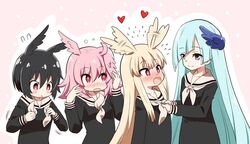  4girls adjusting_another&#039;s_clothes black_hair blonde_hair blush brynhildr_(fate) commentary_request dressing_another fate/grand_order fate_(series) hair_between_eyes head_wings heart hildr_(fate) lillian_girls&#039;_academy_school_uniform long_hair long_sleeves looking_at_another maria-sama_ga_miteru multiple_girls open_mouth ortlinde_(fate) parody pink_hair purple_eyes red_eyes sailor_collar school_uniform short_hair smile thrud_(fate) valkyrie_(fate) very_long_hair wings your_tie_is_crooked yuuma_(skirthike) 