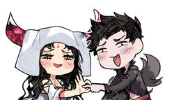  1boy bare_shoulders belial_(granblue_fantasy) black_hair chibi commentary_request crossover detached_sleeves facial_mark fate/grand_order fate_(series) female forehead_mark granblue_fantasy horns idk-kun long_hair penetration_gesture sessyoin_kiara simple_background smile trait_connection veil white_background yellow_eyes 