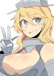  absurdres bare_shoulders blonde_hair blue_eyes breasts cleavage_cutout clothing_cutout collar commentary_request elbow_gloves female fingerless_gloves gloves grin hair_between_eyes headgear highres iowa_(kancolle) isetta kantai_collection large_breasts long_hair looking_at_viewer one-hour_drawing_challenge simple_background smile solo teeth twitter_username v wavy_hair white_background 