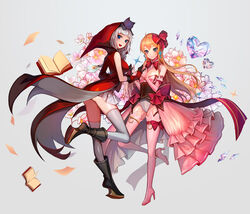  2girls absurdres ass bad_id bad_pixiv_id blonde_hair blue_eyes blush book boots bow breasts brown_footwear cherry_blossoms cleavage closed_mouth elbow_gloves floral_background flower gloves grey_background grey_hair grey_legwear hairbow heart heart-shaped_gem high_heel_boots high_heels highres kai-ri-sei_million_arthur large_breasts long_hair looking_at_viewer million_arthur_(series) multiple_girls open_book open_mouth papupu photoshop_(medium) pink_flower pink_footwear pink_gloves pink_legwear qurare_magic_library red_bow smile thigh_boots thighhighs utahime_arthur white_flower 