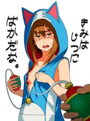  animal_hood bell blue_hoodie breasts brown_eyes brown_hair commentary_request cosplay covering_breasts covering_privates doraemon doraemon_(character) doraemon_(character)_(cosplay) female fingernails go_robots hair_between_eyes highres holding hood hood_up hoodie jingle_bell looking_at_viewer medium_breasts naked_hoodie open_mouth out_of_frame round_teeth short_hair simple_background solo_focus sweatdrop teeth translated upper_body 