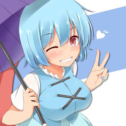  ;) blue_hair blue_nails blush breasts commentary_request female garasuita grin heart highres holding holding_umbrella karakasa_obake large_breasts light_blue_hair long_tongue looking_at_viewer nail_polish one_eye_closed red_eyes short_hair short_sleeves smile solo tatara_kogasa teeth tongue touhou umbrella upper_body v 