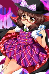  abstract_background arm_up bad_id bad_pixiv_id black_hat blush bow brooch brown_eyes brown_hair cape cellphone chibi commentary_request crossed_legs female gem glasses green_gemstone hat hat_bow highres holding holding_phone jewelry kneehighs looking_at_viewer low_twintails motsu_(selshia12) parted_lips phone plaid plaid_skirt plaid_vest puffy_short_sleeves puffy_sleeves red-framed_eyewear runes school_uniform semi-rimless_eyewear shirt short_hair short_sleeves skirt skirt_set smartphone smile socks solo striped_bow striped_clothes striped_socks touhou twintails under-rim_eyewear unmoving_pattern usami_sumireko vest white_shirt white_socks 