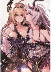  2girls ahoge bare_shoulders blonde_hair blue_eyes blush breasts collarbone commentary_request dark_jeanne dual_persona flower gloves granblue_fantasy green_eyes groping hair_flower hair_ornament hand_on_another&#039;s_chest highres jeanne_d&#039;arc_(granblue_fantasy) large_breasts looking_at_viewer multiple_girls red_eyes watao white_hair yuri 