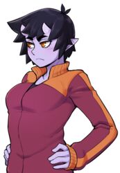  black_hair colored_skin commentary female frown hands_on_own_hips highres horns ittla jacket long_sleeves looking_away orange_eyes original pointy_ears purple_skin short_hair skin-covered_horns sleeves_past_wrists slit_pupils solo thick_eyebrows transparent_background ume_(ittla) upper_body 