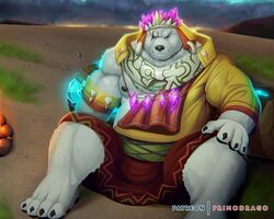  2018 anthro bear belly clothed clothing crushfang_(sdorica_sunset) fur hi_res male mammal nipples overweight overweight_anthro overweight_male polar_bear primodrago scar sdorica sitting solo ursine white_body white_fur 