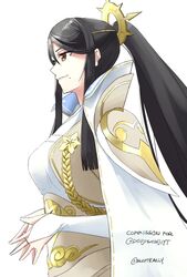  armor black_hair breasts brown_eyes cloak commentary_request commission corset dress english_text female fingerless_gloves fire_emblem fire_emblem_fates gloves hair_ornament highres large_breasts long_hair mikoto_(fire_emblem) mole mole_under_mouth own_hands_together ponytail profile shoulder_armor simple_background skeptycally solo twitter_username upper_body white_background white_gloves 