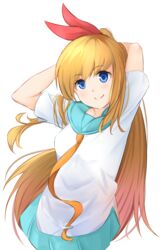  arms_behind_head bad_id bad_pixiv_id bare_arms blonde_hair blue_eyes blue_sailor_collar blue_skirt bonyari_high_school_uniform breasts chisaku commentary_request female hair_ribbon highres kirisaki_chitoge long_hair looking_at_viewer medium_breasts multicolored_hair necktie nisekoi orange_necktie pink_hair pleated_skirt ponytail red_ribbon ribbon sailor_collar school_uniform shirt short_sleeves skirt smile solo two-tone_hair upper_body white_shirt 