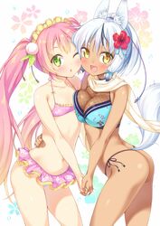  2girls ;o animal_ears arched_back ass asymmetrical_docking bikini bikini_skirt blonde_hair blue_bikini blush breast_press breasts cheek-to-cheek cleavage commentary_request contrapposto cowboy_shot dark-skinned_female dark_skin fishnets flat_chest floral_print flower fox_ears fox_tail gradient_hair green_eyes hair_flower hair_ornament halterneck hand_on_another&#039;s_hip hand_on_own_hip heads_together hibiscus highres hikimayu holding holding_hands holding_own_hair interlocked_fingers kazuma_(kazumav) large_breasts long_hair looking_at_viewer maid_headdress momoiro_taisen_pairon multicolored_hair multiple_girls navel oerba_yun_fang one_eye_closed open_mouth pink_bikini pink_hair scarf side-tie_bikini_bottom smile standing string_bikini swimsuit tail thick_eyebrows thong_bikini twintails white_hair yellow_eyes 