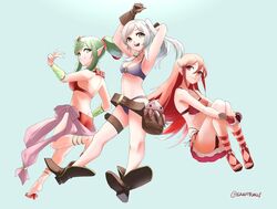  3girls anklet bag basket belt bikini blue_background boots breasts cleavage commentary_request cordelia_(fire_emblem) cordelia_(summer)_(fire_emblem) fire_emblem fire_emblem:_mystery_of_the_emblem fire_emblem_awakening fire_emblem_heroes frilled_bikini frills gloves green_eyes green_hair grey_hair hugging_own_legs invisible_chair jewelry jumping leather leather_gloves long_hair medium_breasts multiple_girls navel o-ring o-ring_bikini octopus official_alternate_costume open_mouth pointy_ears purple_bikini red_bikini red_eyes red_hair robin_(female)_(fire_emblem) robin_(female)_(summer)_(fire_emblem) robin_(fire_emblem) sandals sash satchel side-tie_bikini_bottom sidelocks simple_background sitting skeptycally small_breasts smile swimsuit thigh_strap tiki_(adult)_(fire_emblem) tiki_(adult)_(summer)_(fire_emblem) tiki_(fire_emblem) twintails twitter_username v vambraces yellow_eyes 