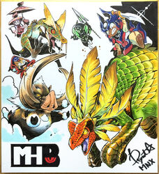  border bulldrome character_request commentary_request felyne fuse_ryuuta gendrome glavenus_(armor) great_maccao holding holding_sword holding_umbrella holding_weapon monster_hunter_(series) monster_hunter_x no_humans oil-paper_umbrella photoshop_(medium) polearm scales spear sword traditional_media umbrella weapon yellow_border 