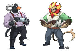  anthro anthrofied belt blue_eyes book canid canine clothed clothing duo eyewear felid footwear fur generation_2_pokemon generation_6_pokemon hair horn houndoom maldu male mammal monocle nintendo pantherine pokemon pokemon_(species) pokemorph pyroar reading red_eyes shoes 