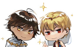  2boys ahoge arabian_clothes big_head brown_hair cape chibi circlet commentary_request dark-skinned_male dark_skin earrings egyptian egyptian_clothes fate/grand_order fate_(series) gilgamesh_(caster)_(fate) gilgamesh_(fate) gold_trim hair_between_eyes hand_up idk-kun jacket jewelry looking_at_viewer male_focus multiple_boys no_nose ozymandias_(fate) red_eyes simple_background slit_pupils smile sparkle v white_background yellow_eyes 