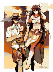  1boy banjo barefoot bikini black_hair bracelet brown_hair closed_mouth cloud cloudy_sky collared_shirt commentary_request fate/grand_order fate_(series) female floating floral_print flower hair_flower hair_ornament hat highres holding holding_instrument idk-kun instrument jewelry long_hair looking_at_viewer music navel oryou_(fate) outdoors playing_instrument ponytail sakamoto_ryouma_(fate) sarong shirt short_sleeves shorts sky smile straw_hat sunglasses swimsuit twitter_username wing_collar 