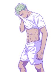  1boy abs green_hair king_of_prism_by_prettyrhythm male_focus msucle piercing pretty_rhythm pretty_rhythm_rainbow_live purple_eyes shirt_lift solo sweat tagme 