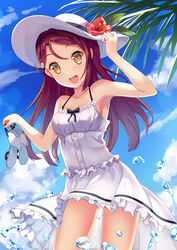  :d arm_up bare_arms blue_sky blush breasts cleavage cloud commentary_request cowboy_shot dark_red_hair day dress female flower frilled_dress frills hair_ornament hand_on_headwear hat hat_flower hibiscus highres holding holding_shoes ldfe_mk2 long_hair looking_at_viewer love_live! love_live!_sunshine!! medium_breasts open_mouth outdoors palm_tree panties pantyshot photoshop_(medium) red_hair sakurauchi_riko sandals shoes sky sleeveless sleeveless_dress smile solo standing sun_hat sundress tree underwear unworn_sandals water water_drop white_dress white_hat yellow_eyes 