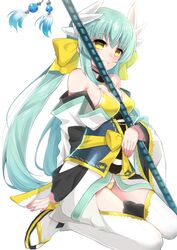  aqua_hair bikini bikini_under_clothes commentary_request fate/grand_order fate_(series) female highres horns japanese_clothes kimono kiyohime_(fate) kiyohime_(swimsuit_lancer)_(fate) kiyohime_(swimsuit_lancer)_(first_ascension)_(fate) long_hair polearm shiime smile solo swimsuit thighhighs twintails very_long_hair weapon yellow_bikini yellow_eyes 