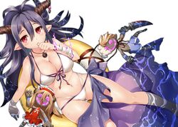  antenna_hair bandages bikini black_hair blush breasts cleavage commentary_request danua danua_(summer)_(granblue_fantasy) draph female front-tie_top granblue_fantasy gretel_(granblue_fantasy) hair_between_eyes hansel_(granblue_fantasy) horn_ornament horns innertube jewelry large_breasts long_hair looking_at_viewer navel necklace official_alternate_costume partially_submerged pointy_ears red_eyes shinozuka_atsuto solo swim_ring swimsuit thumb_sucking white_bikini 