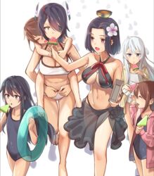  6+girls absurdres akatsuki_(kancolle) bikini black_hair breasts brown_hair carrying commentary_request criss-cross_halter eyepatch feeding flower folded_ponytail food fruit hair_flower hair_ornament hairclip halo halterneck headgear hibiki_(kancolle) highres ikazuchi_(kancolle) inazuma_(kancolle) innertube kantai_collection kitazawa_(embers) large_breasts long_hair md5_mismatch mechanical_halo multiple_girls official_alternate_costume open_mouth piggyback popsicle purple_hair resolution_mismatch short_hair source_smaller sparkle swim_ring swimsuit tatsuta_(kancolle) tatsuta_(swimsuit_mode)_(kancolle) tenryuu_(kancolle) tenryuu_(swimsuit_mode)_(kancolle) watermelon watermelon_bar white_hair yellow_eyes 