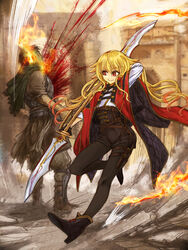  1boy blonde_hair blood blood_spray cervus commentary_request dagger fantasy female fire highres knife long_hair pantyhose pixiv_fantasia pixiv_fantasia_last_saga polearm red_eyes sheath sheathed weapon 