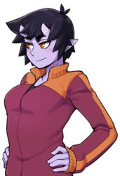  black_hair colored_skin commentary female hands_on_own_hips highres horns ittla jacket long_sleeves looking_away orange_eyes original pointy_ears purple_skin short_hair skin-covered_horns sleeves_past_wrists slit_pupils smile smirk solo thick_eyebrows transparent_background ume_(ittla) upper_body 