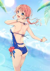  :d amick_(americanomix) animal_print backless_outfit bad_id bad_pixiv_id bird_print blue_eyes blue_one-piece_swimsuit blue_scrunchie blue_sky bracelet breasts butt_crack casual_one-piece_swimsuit commentary_request day female floating_hair flower hair_ornament hair_scrunchie halterneck hibiscus highres jewelry lens_flare long_hair looking_at_viewer looking_back medium_breasts ocean one-piece_swimsuit open_mouth original outdoors outstretched_arm pink_hair print_swimsuit red_flower scrunchie side_ponytail sideboob sky smile solo sparkle sun swimsuit 