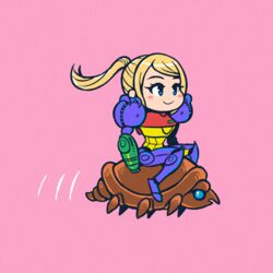  akairiot arm_cannon armor blonde_hair blue_eyes blush_stickers chibi commentary english_commentary female gravity_suit_(metroid) long_hair metroid no_headwear no_nose pink_background ponytail power_armor riding ripper_(metroid) samus_aran shoulder_pads simple_background smile varia_suit weapon wide_shot 