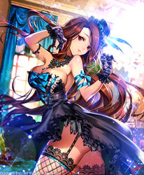  arched_back armband artist_name ass breasts brown_hair choker commentary contrapposto dutch_angle female fishnets garter_straps gloves hat huge_breasts indoors jewelry long_hair looking_at_viewer maboroshi_juuhime md5_mismatch necklace photoshop_(medium) red_eyes resolution_mismatch ribbon smile solo source_smaller standing support thighhighs window yoda_(ayanamikodon) 