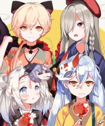  4girls :d beret blonde_hair blue_eyes blue_kimono blush candy_apple character_mask choker commentary eating floral_print food fox_mask g36c_(girls&#039;_frontline) g36c_(ode_to_summer)_(girls&#039;_frontline) girls&#039;_frontline grin hair_bun hair_over_one_eye hat highres japanese_clothes kimono long_hair mask mask_on_head mp5_(girls&#039;_frontline) mp5_(sleepless_begonias)_(girls&#039;_frontline) multiple_girls official_alternate_costume open_mouth orange_eyes ots-14_(flurry_of_petals)_(girls&#039;_frontline) ots-14_(girls&#039;_frontline) pkp_(flower_and_water)_(girls&#039;_frontline) pkp_(girls&#039;_frontline) red_eyes signature single_hair_bun smile sunglasses thompson_(girls&#039;_frontline) tosyeo white_hair yukata 