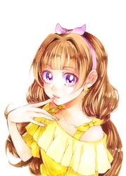  amanogawa_kirara bad_id bad_pixiv_id brown_hair collarbone earrings eyebrows female go!_princess_precure hairband highres jewelry long_hair looking_at_viewer mikan_(mikataaaa) nail_polish orange_nails pink_hairband precure purple_eyes solo star_(symbol) star_earrings twintails 