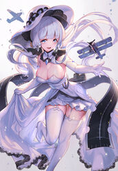  absurdres ahoge aircraft airplane azur_lane back bare_back bare_shoulders black_footwear blue_eyes blunt_bangs breasts cleavage commentary_request dress elbow_gloves eyebrows eyelashes female flight_deck floating_hair full_body garter_straps gem gloves hair_ornament hair_ribbon hat high_heels highres illustrious_(azur_lane) lace lace-trimmed_dress lace_trim large_breasts leg_up light_particles long_hair looking_at_viewer low_ponytail machinery matsumoto_mitsuaki mole mole_under_eye open_mouth ponytail pumps ribbon see-through shoes sidelocks skindentation skirt_hold smile solo strapless strapless_dress sun_hat thighhighs tress_ribbon turret white_dress white_footwear white_gloves white_hair white_hat white_theme white_thighhighs zettai_ryouiki 