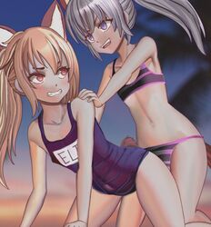  2girls all_fours animal_ears armad bare_shoulders bikini blonde_hair blue_sky blue_swimsuit blush character_name clenched_teeth clothes_writing collarbone covered_navel elin_(tera) english_text erect_nipples eye_contact female flat_chest fox_ears fox_tail hand_on_another&#039;s_shoulder highres kneeling looking_at_another looking_back multiple_girls navel one-piece_swimsuit open_mouth outdoors palm_tree pink_bikini ponytail purple_eyes red_eyes shiny shiny_hair silver_hair sky smile striped striped_bikini swimsuit tail teeth tera_online tied_hair tree 