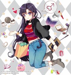  amick_(americanomix) argyle_background bad_id bad_pixiv_id bishoujo_senshi_sailor_moon black_cardigan black_hair blue_eyes blue_pants boots box bracelet cardigan collar denim earrings female full_body gift gift_box grey_footwear hair_between_eyes heart hino_rei holding jewelry long_hair mars_symbol open_cardigan open_clothes pants red_shirt shirt smile solo transformation_pen triangle_earrings very_long_hair watermark web_address 