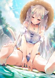  :o animal_ears bare_shoulders barefoot bikini bikini_bottom_only blush breasts brown_eyes cat_ears cat_girl cat_tail choker cloud cocoa_(cafe-hotcocoa) commentary crab crop_top day detached_sleeves feet female hair_between_eyes hair_ornament hat highres jewelry long_hair medium_breasts navel open_mouth original outdoors pendant sidelocks sitting sky soles solo sparkle straw_hat sunlight swimsuit tail toenails tree white_hair 