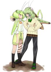  2girls antennae arthropod_girl black_legwear bow bowtie bug clothes_around_waist collared_shirt commentary evolvingmonkey full_body grasshopper grasshopper_inoue green_hair hands_on_own_hips height_difference highres kneehighs leaning_forward leggings looking_at_another mantis_akiyama mantis_girl medium_hair monster_girl multiple_girls original parasite plaid plaid_skirt pleated_skirt praying_mantis school_uniform shirt shoes short_hair simple_background skirt sneakers socks standing staring sweater sweater_around_waist twintails white_background white_shirt worm 