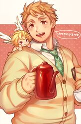  1boy blonde_hair brown_eyes cherub coffee_mug coffee_pot commentary_request cup cupid_(housamo) gozu_farm green_necktie highres looking_at_viewer male_focus mug necktie smile tareme teapot tennouji_shin&#039;ya tokyo_afterschool_summoners upper_body 