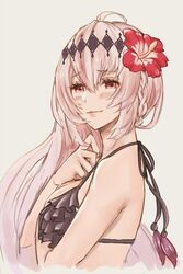  bad_id bad_twitter_id bikini blush braid breasts chabo213 commentary_request dark_jeanne female flower frilled_bikini frills granblue_fantasy hair_flower hair_ornament jeanne_d&#039;arc_(granblue_fantasy) long_hair looking_at_viewer medium_breasts red_eyes smile solo swimsuit white_hair 