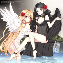  2girls ahoge amick_(americanomix) anklet bad_id bad_pixiv_id barefoot black_dress black_hair black_vs_white black_wings blonde_hair breasts cleavage dress earrings feathered_wings floating_hair flower hair_flower hair_ornament jewelry long_hair looking_at_viewer multiple_girls original parted_bangs red_flower see-through sitting sleeveless sleeveless_dress small_breasts smile soaking_feet standing very_long_hair wading watermark web_address white_dress white_wings wings yellow_eyes 