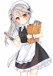  absurdres alternate_costume apron ascot bag bauxite black_ascot black_bow black_dress blush bow brown_eyes collared_shirt commentary_request cowboy_shot dress enmaided female fingernails frilled_dress frilled_shirt frills grey_hair hairbow highres holding holding_bag long_hair looking_at_viewer maid maid_headdress ning_hai_(warship_girls_r) paper_bag puffy_short_sleeves puffy_sleeves shirt short_sleeves side_ponytail simple_background sleeveless sleeveless_dress smile solo steel_ingot tengxiang_lingnai thighhighs undershirt waist_apron walking warship_girls_r white_apron white_background white_shirt white_thighhighs wrist_cuffs 