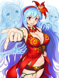  blue_hair blush bracelet breasts cleavage commentary_request detached_collar female flower ghost hair_flower hair_ornament hairband highres jewelry large_breasts long_hair looking_at_viewer midriff navel open_mouth orizen outstretched_arm red_eyes rocbouquet_(saga) romancing_saga_2 rose saga short_shorts shorts solo_focus very_long_hair wavy_hair white_flower white_rose 