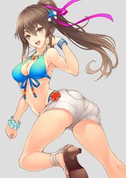  alternate_costume ass bare_shoulders bikini bikini_top blush bracelet breasts brown_eyes brown_hair female hair_ornament hair_ribbon high_heels long_hair looking_at_viewer open_mouth ponytail ribbon saionji_reimi sandals short_shorts shorts sideboob smile solo star_ocean star_ocean_anamnesis star_ocean_the_last_hope swimsuit very_long_hair 