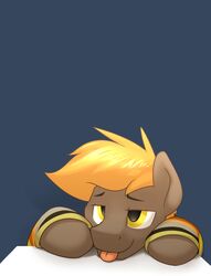  2014 blonde_hair blue_background braeburned brown_body brown_fur clothed clothing digital_media_(artwork) equid equine feral fur grin hair hasbro horse male mammal my_little_pony pony shaded simple_background smile solo sweater tongue tongue_out topwear umber yellow_eyes 