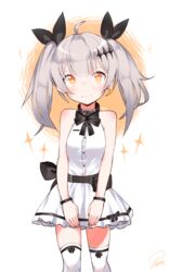  aged_down ahoge blush bracelet bright_pupils commentary cowboy_shot crescent crescent_earrings dress earrings female five-seven_(adventures_of_fenfen)_(girls&#039;_frontline) five-seven_(girls&#039;_frontline) girls&#039;_frontline grey_hair hair_ornament hair_ribbon hairclip highres jewelry long_hair looking_at_viewer official_alternate_costume orange_eyes petite ribbon single_earring sleeveless sleeveless_dress solo thighhighs tosyeo twintails wavy_mouth white_background white_dress white_pupils white_thighhighs zettai_ryouiki 