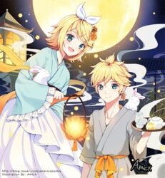  1boy amick_(americanomix) bamboo blonde_hair bow collarbone commentary cup dress female fireflies flower full_moon green_eyes grey_kimono hagoromo hair_between_eyes hair_flower hair_ornament hairbow hairclip holding japanese_clothes kagamine_len kagamine_rin kimono lantern long_dress lotus_lantern mid-autumn_festival moon orange_flower parted_bangs rabbit sash shawl short_hair smile teapot themed_object tray vocaloid watermark white_bow yunomi 