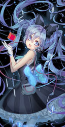  black_dress blue_eyes blue_hair commentary dress female floating_hair from_side gloves glowing glowing_eyes hatsune_miku highres long_hair looking_at_viewer magical_mirai_(vocaloid) magical_mirai_miku magical_mirai_miku_(2016) necktie open_mouth pantyhose shiny solo twintails very_long_hair vocaloid wataru_kuri white_gloves 