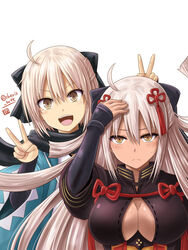  2girls aged_down ahoge arm_guards black_bow black_scarf blush bow breasts cleavage_cutout clothing_cutout commentary dark-skinned_female dark_skin double_v dual_persona fate/grand_order fate_(series) hairbow haori haura_akitoshi high_collar japanese_clothes koha-ace large_breasts long_hair looking_at_viewer multiple_girls okita_souji_(fate) okita_souji_(koha-ace) okita_souji_alter_(fate) open_mouth scarf shinsengumi short_hair smile underboob v white_hair 