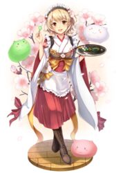  :&gt; :d apricot_(flower_knight_girl) apricot_blossom apricot_flower black_hairband blonde_hair boots bow branch brown_eyes brown_footwear bud commentary_request creature cross-laced_footwear dabadhi dango dress female flower flower_knight_girl food full_body hairband highres japanese_clothes kimono lace-up_boots looking_at_viewer maid name_connection object_namesake open_mouth pavement petals pink_flower red_bow red_dress sanshoku_dango short_hair smile solo standing tea wa_maid wagashi waitress white_background white_kimono 