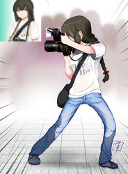  bag braid camera commentary_request denim emphasis_lines female full_body handbag isonami_(autumn_mode)_(kancolle) isonami_(kancolle) jeans kantai_collection pants photoshop_(medium) shirt signature single_braid standing white_shirt yamasaki_wataru 