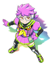  commentary_request female glasses handheld_game_console kamen_rider kamen_rider_ex-aid kamen_rider_ex-aid_(series) looking_at_viewer mighty_action_x_level_2 rider-tan school_uniform serafuku solo standing ueyama_michirou wonderswan 